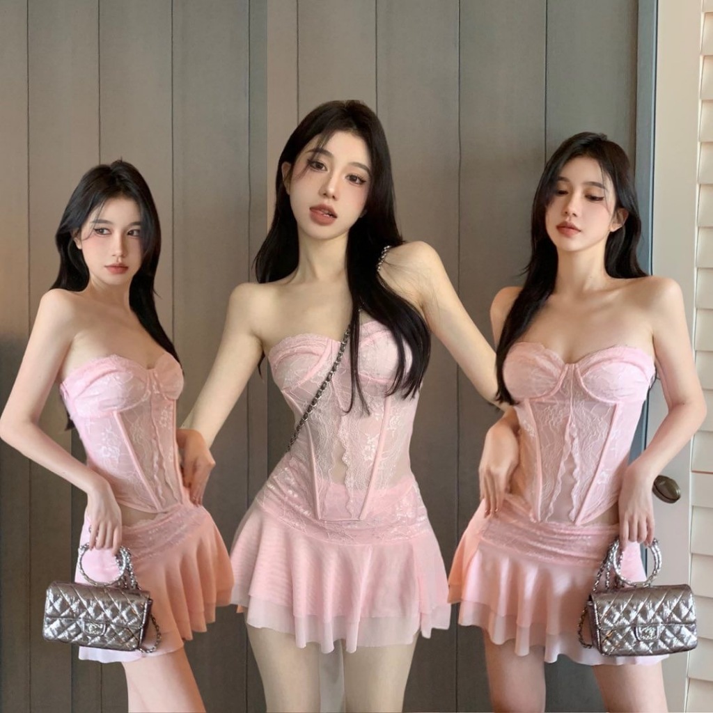 ชุดเซ็ต2ชิ้น เสื้อเกาะอกและกระโปรงแต่งลูกไม้สไตล์วินเทจสีชมพู