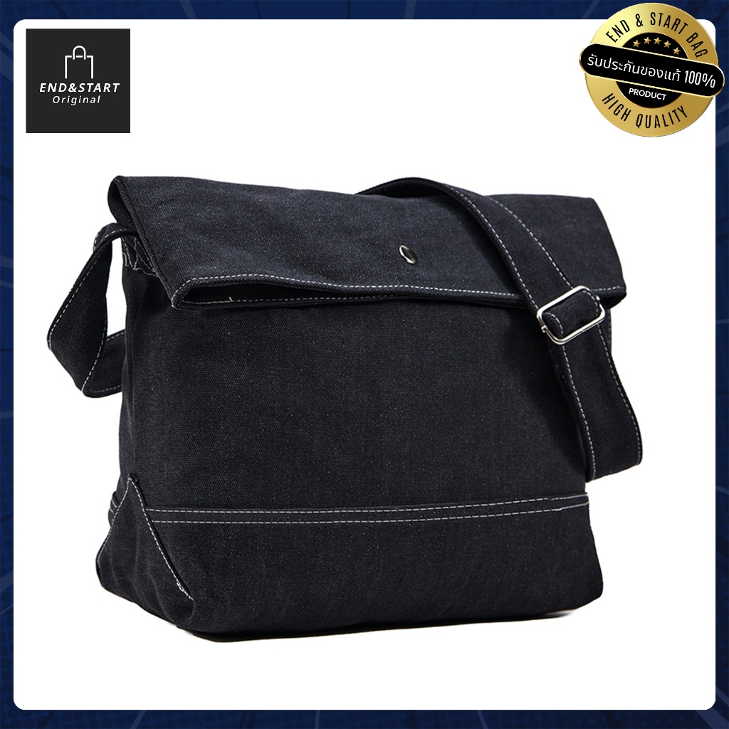 BAGB023BL กระเป๋า END&START  สีดำ กระเป๋าสะพายข้างผ้าแคนวาส สไตล์มูจิ ทรง มินิมอ