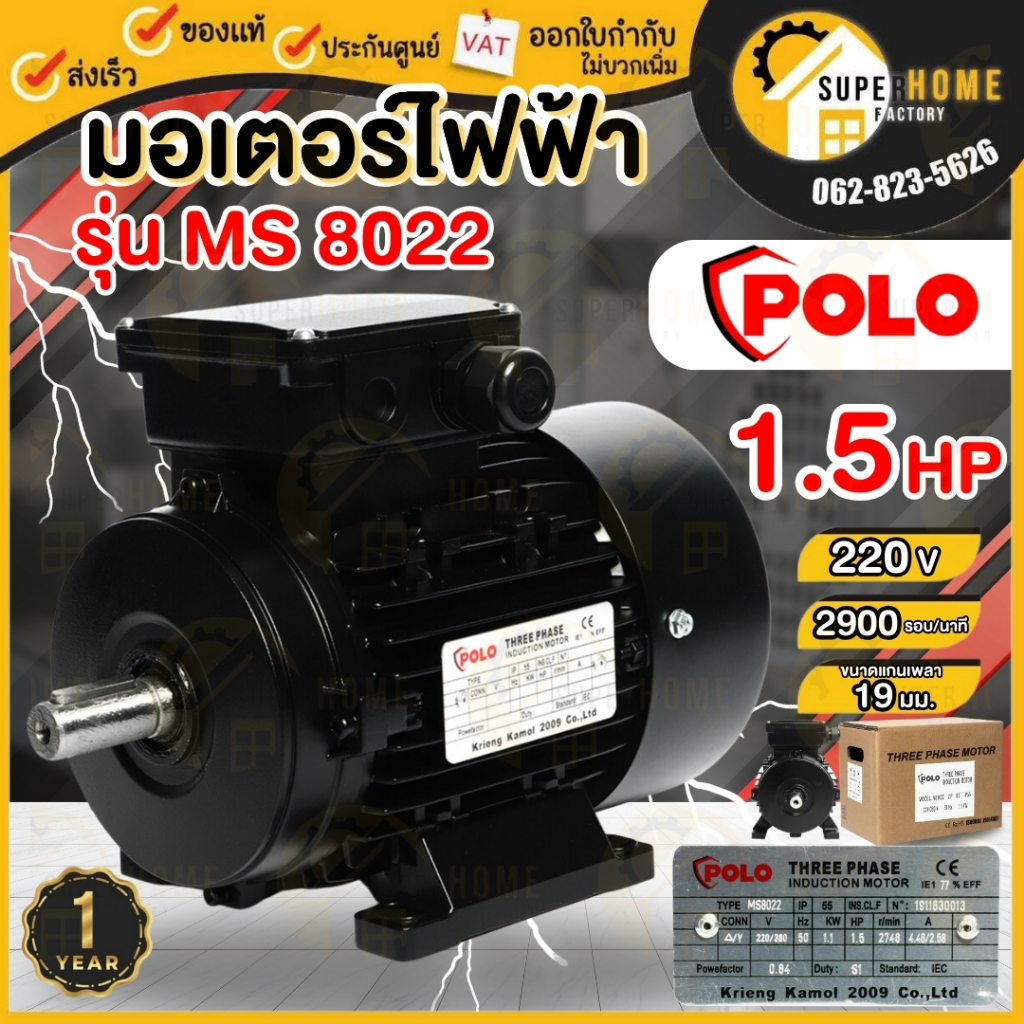 POLO มอเตอร์ไฟฟ้า 1.5 HP 3 สาย 380V รุ่น MS 8022 รอบเร็ว 2900 รอบ กำลัง 1.12 กิโลวัตต์ (A Series) มอ