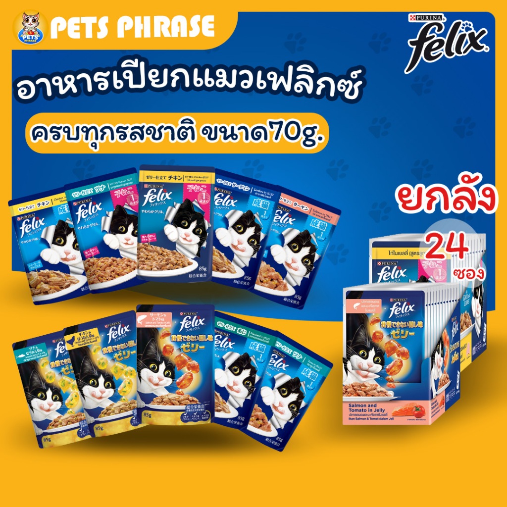 Felix cat (ยกลัง) อาหารแมวเปียกเฟลิกซ์ มี 10 รสชาด ขนาด 85 กรัม (1ลัง 24 ซอง)