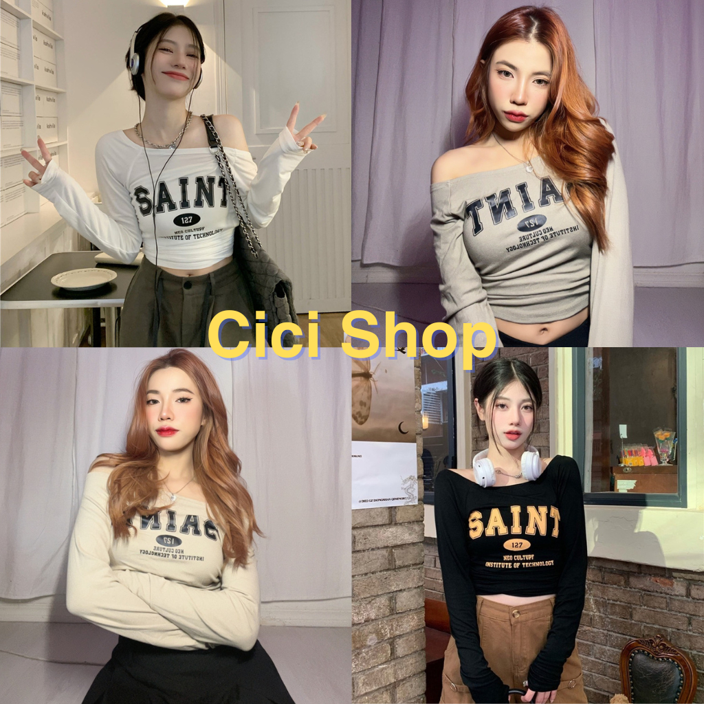 Cicishop(826) เสื้อครอปเเขนยาวรัดรูป พิมพ์ลายอักษร ใส่ได้2แบบ สายแฟชั่นห้ามพลาด