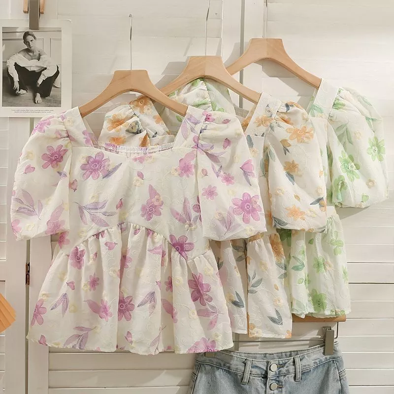 LHfashion เสื้อคอกว้างแขนพอง ลายดอกไม้ 4 สี