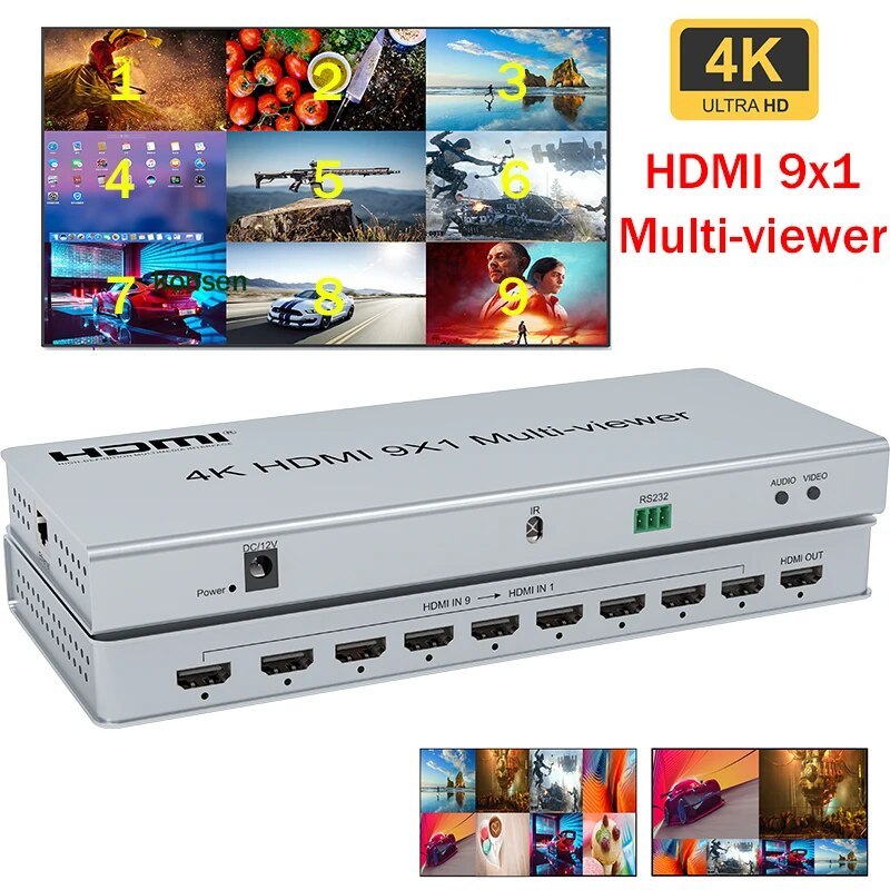 HDMI 9x1 Multi Viewer 4K HDMI Quad Screen เครื่องสลับสัญญาณหลายตัวราบรื่น9 in 1 OUT พร้อม RS232สำหรั