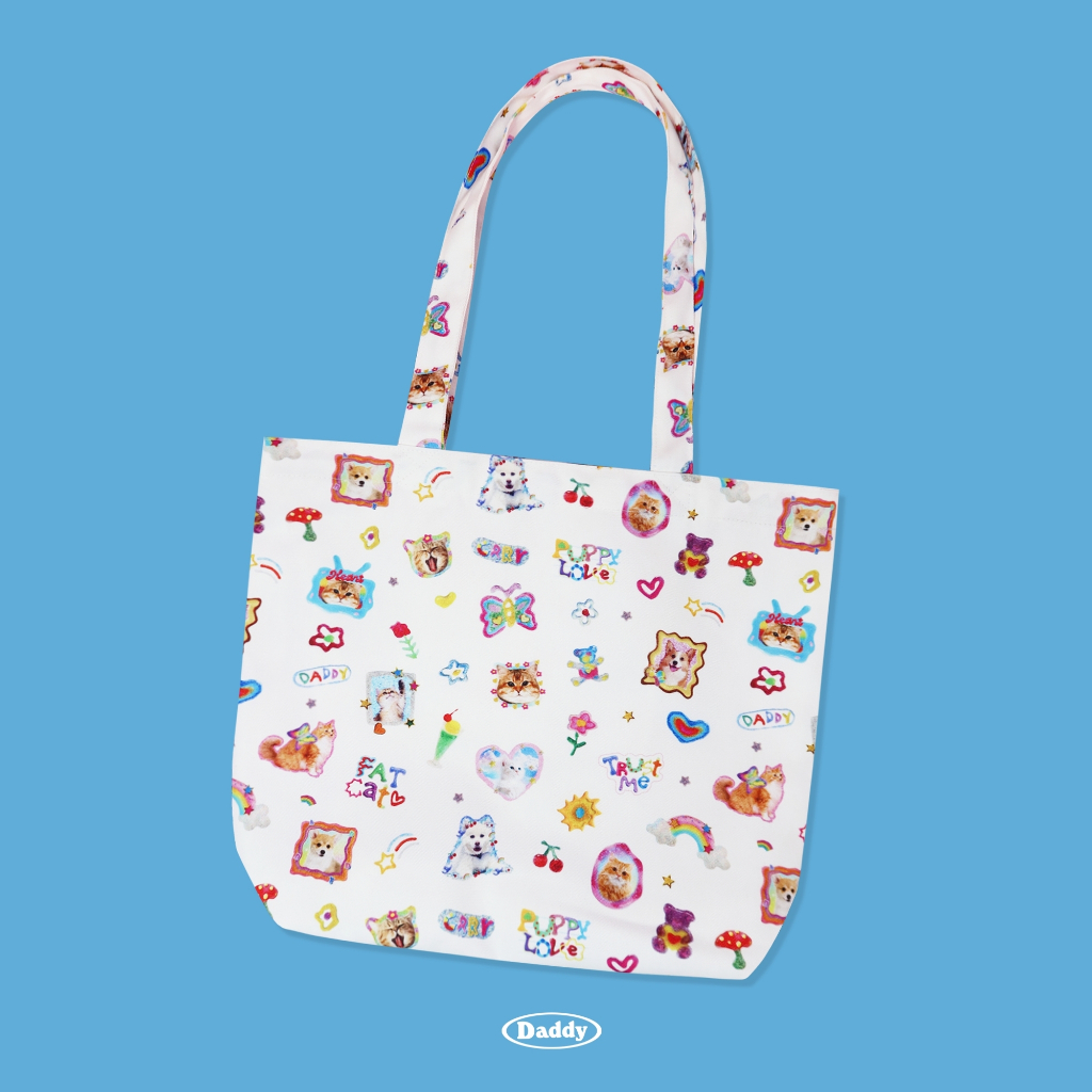DADDY |  Trust Me Tote Bag กระเป๋าผ้าแคนวาสสีขาวพิมพ์ลายแมว สุดน่ารัก
