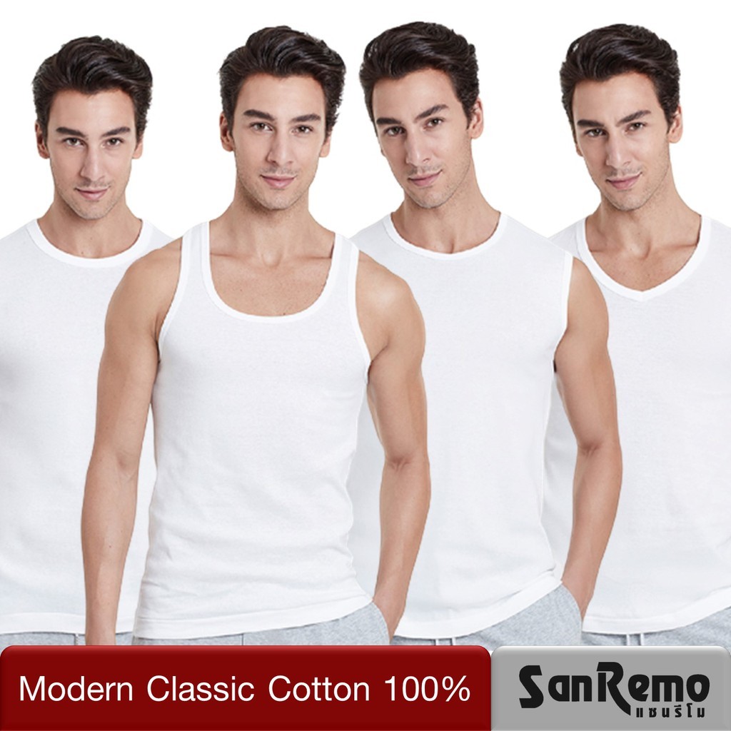 Sanremo เสื้อยืด ติดแอร์ แซนรีโม Modern Classic Cotton 100% ผ้านุ่ม เนื้อละเอียด ระบายเหงื่อดี สวมใส่สบาย NIS-SCT-WH