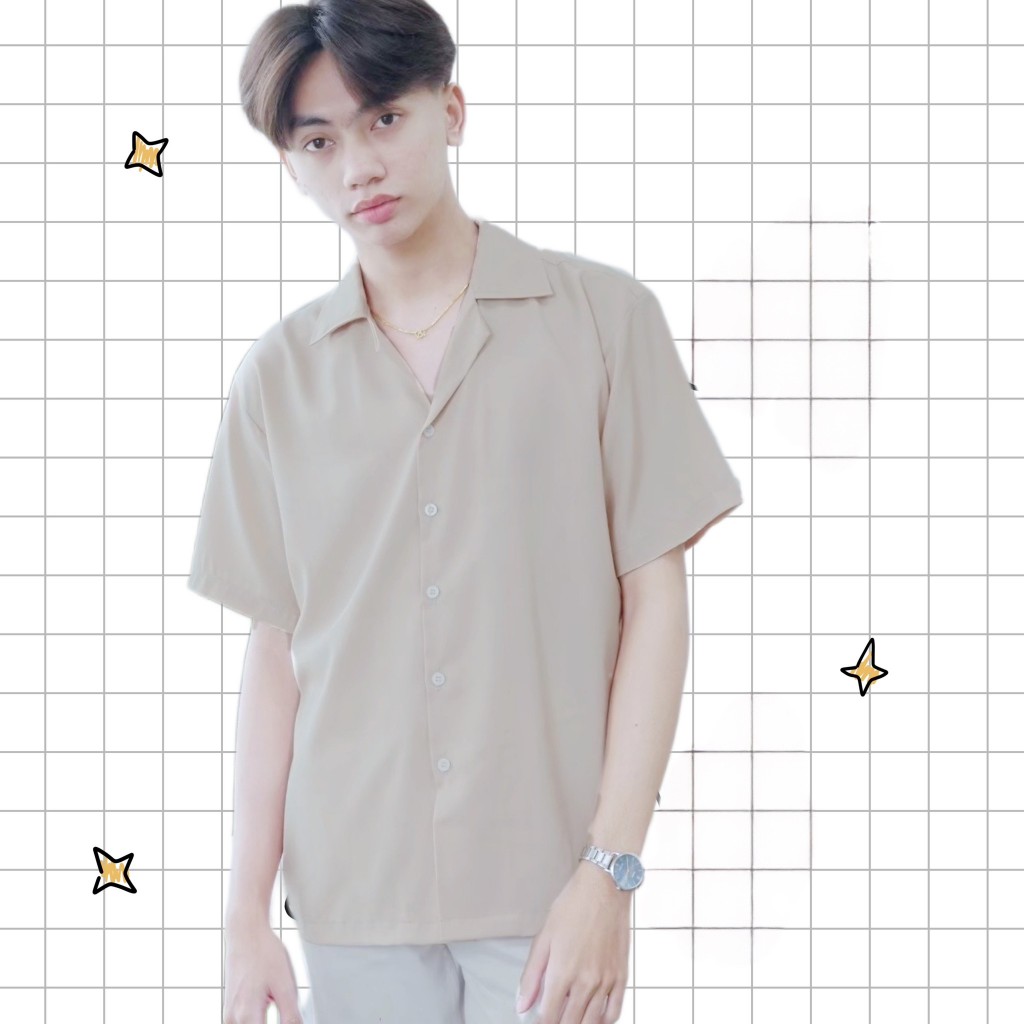 เสื้อเชิ้ตแขนสั้นสีเบจ มินิมอล UNISEX ทรงOversize ใส่สบายผ้าไม่ร้อน ไซส์M-6XL"