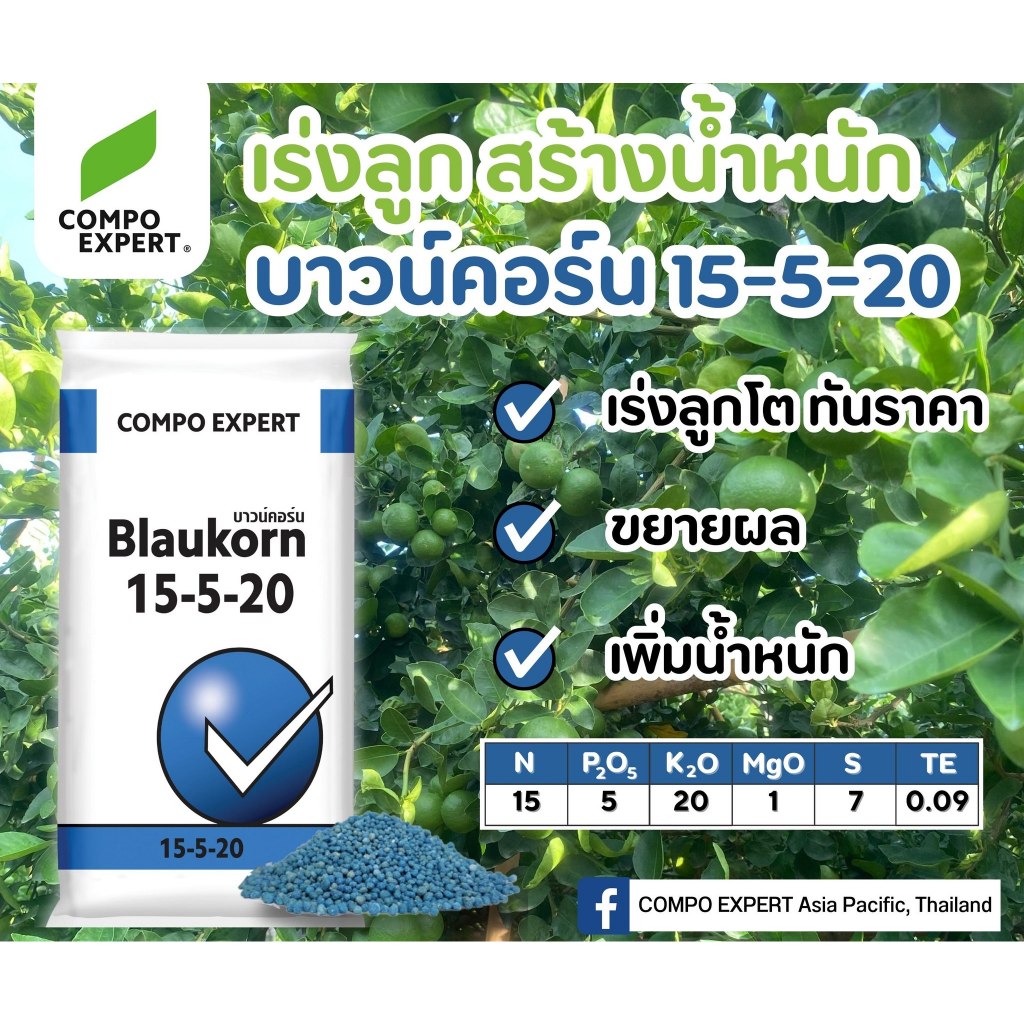 บาวน์คอร์น COMPO EXPERT  15-5-20 (25กก.) ปุ๋ยสูตรขยายผล เพิ่มน้ำหนัก ซัตเฟตแท้ 100%