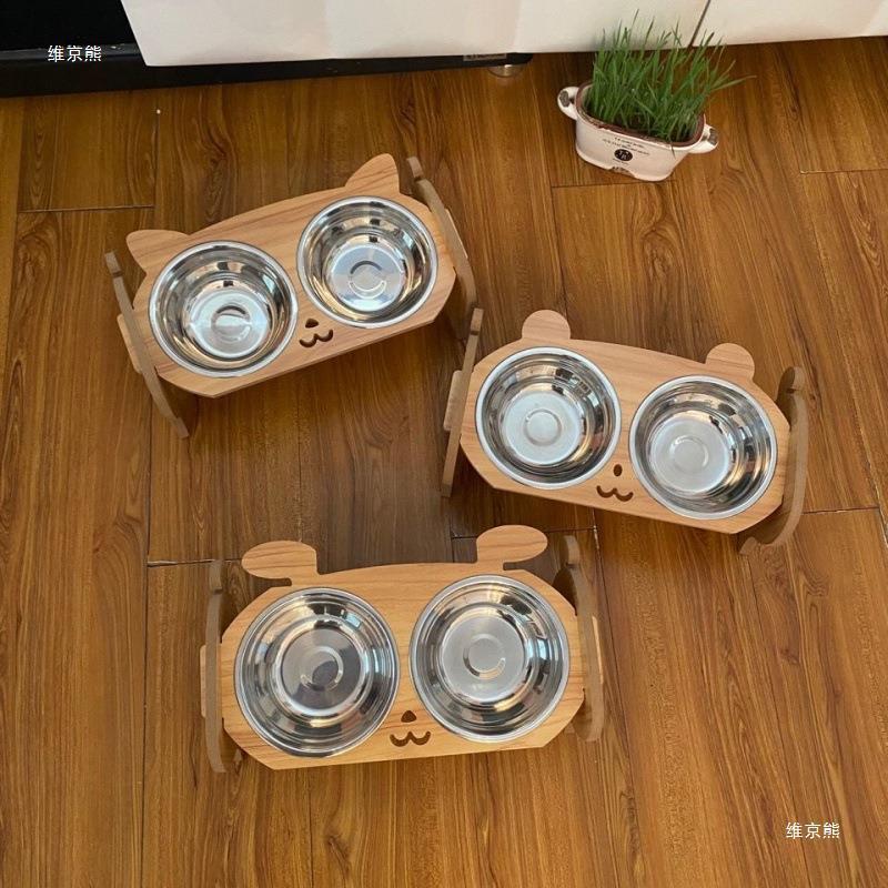 PEKO PET&CAT [ฺฺBL086] ชามอาหารสัตว์เลี้ยง ชามเอียง 15 องศา ฐานไม้ยกสูง ถ้วยสแตนเลส ชามอาหารแมวและสุนัข