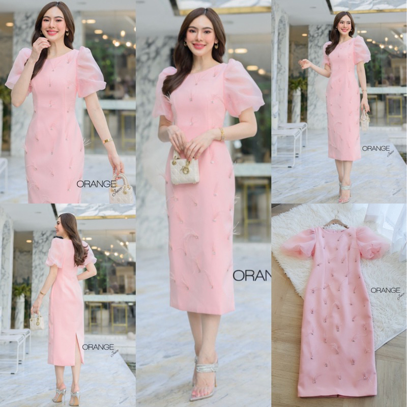 🧡พร้อมส่ง S-4XL🧡ป้าย Orange Juice💕เดรสยาว สีชมพู ปัก 3D แขนพอง ชุดออกงาน
