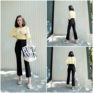 [S-3XL](80) ARTHITTAYA.BRAND กางเกงผ้าซาร่า 8 ส่วน ขาบาน เอวสูง-สีดำ