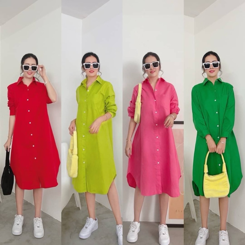 dress shirt เดรสเชิ้ตตัวยาวทรงแขนยาว งานคอตตอน สีพื้น สดใส