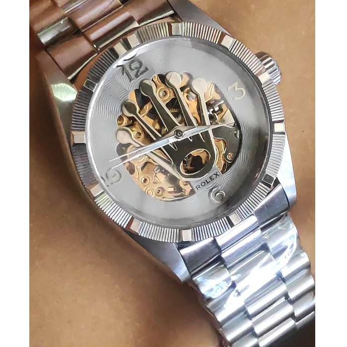 (พร้อมส่ง )นาฬืกาข้อมือ R0LEX Skeleton Transparent Gray Dial 36mm