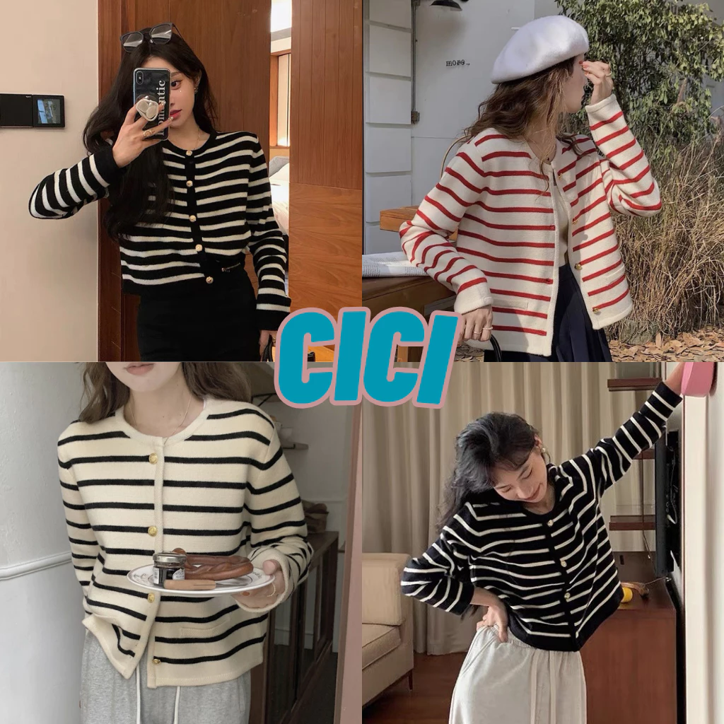 ส่งทันที Cici(NO. A1262)เสื้อไหมพรมแขนยาว คอกลม กระดุมด้านหน้า ดีเทลกระเป๋าหลอก สไตล์ฝรั่งเศษ