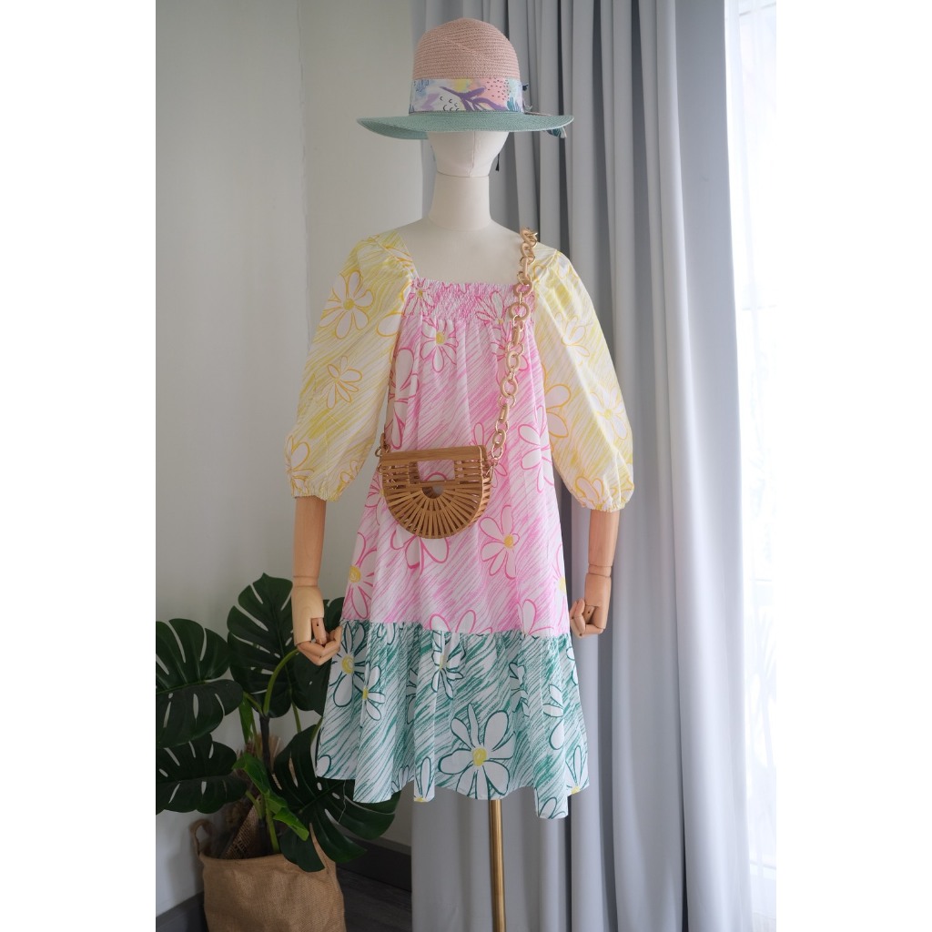 pizza outfit เดรสจับสม็อค ทรงเอ ชายระบาย