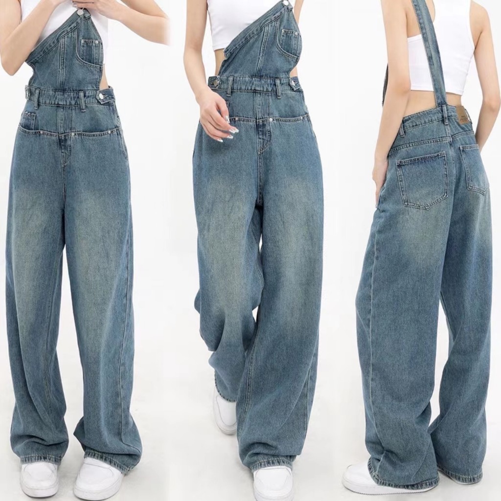 Swan shop กางเกงยีนส์สายเอี๊ยมเอวสูงขายาวทรงกระบอก แต่งขาดกระเป๋าด้านหลัง วินเทจ แนวสวยสุดฮิตวัยรุ่นมากๆ