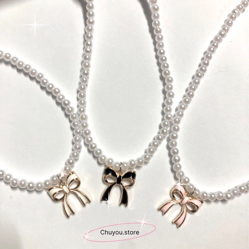 พร้อมส่ง สร้อยมุกจี้โบว์ 𝐖𝐢𝐧𝐠 สีดำ ชมพู ขาว