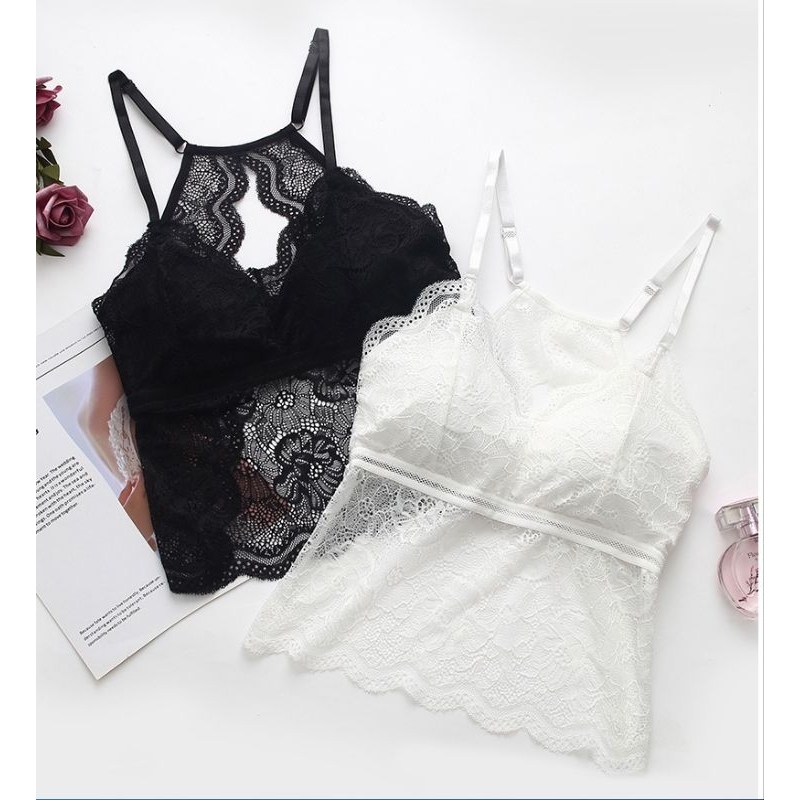 Bra Kaimook shop #909 สินค้าเเนะนำลูกไม้แฟชั่นญี่ปุ่น ครอปบรา สายหลังปรับได้ หลังเซ็กซี่ ฟรีไซส์ อก32"-38"