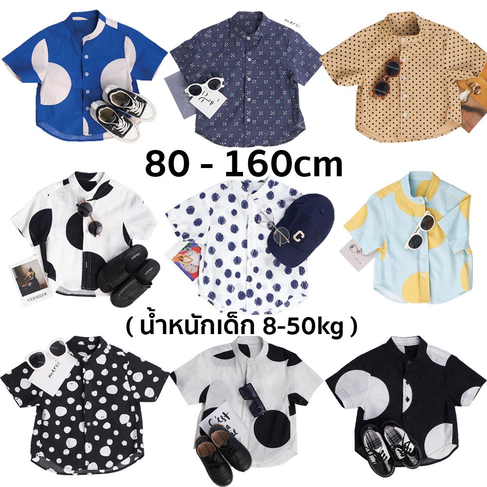 ลายจุด เสื้อแขนสั้นคอจีนเด็ก  ‼ งานไทย พร้อมส่ง‼  เชิ๊ตทรงเกาหลี