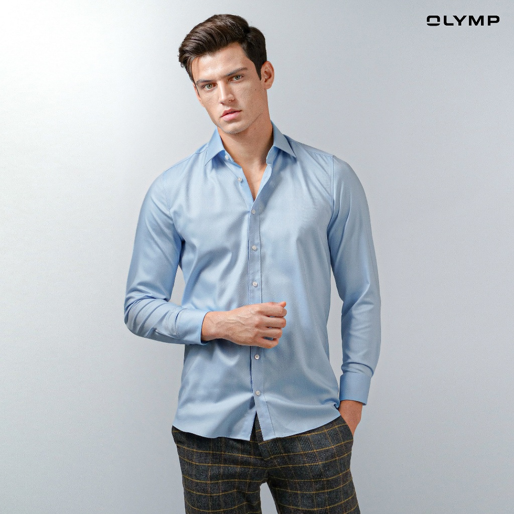 OLYMP Level Five Shirt เสื้อเชิ้ตชาย สีฟ้า ผ้าเท็กเจอร์ ทรงพอดีตัว ยืดหยุ่นได้ดี รีดง่าย AUTU23