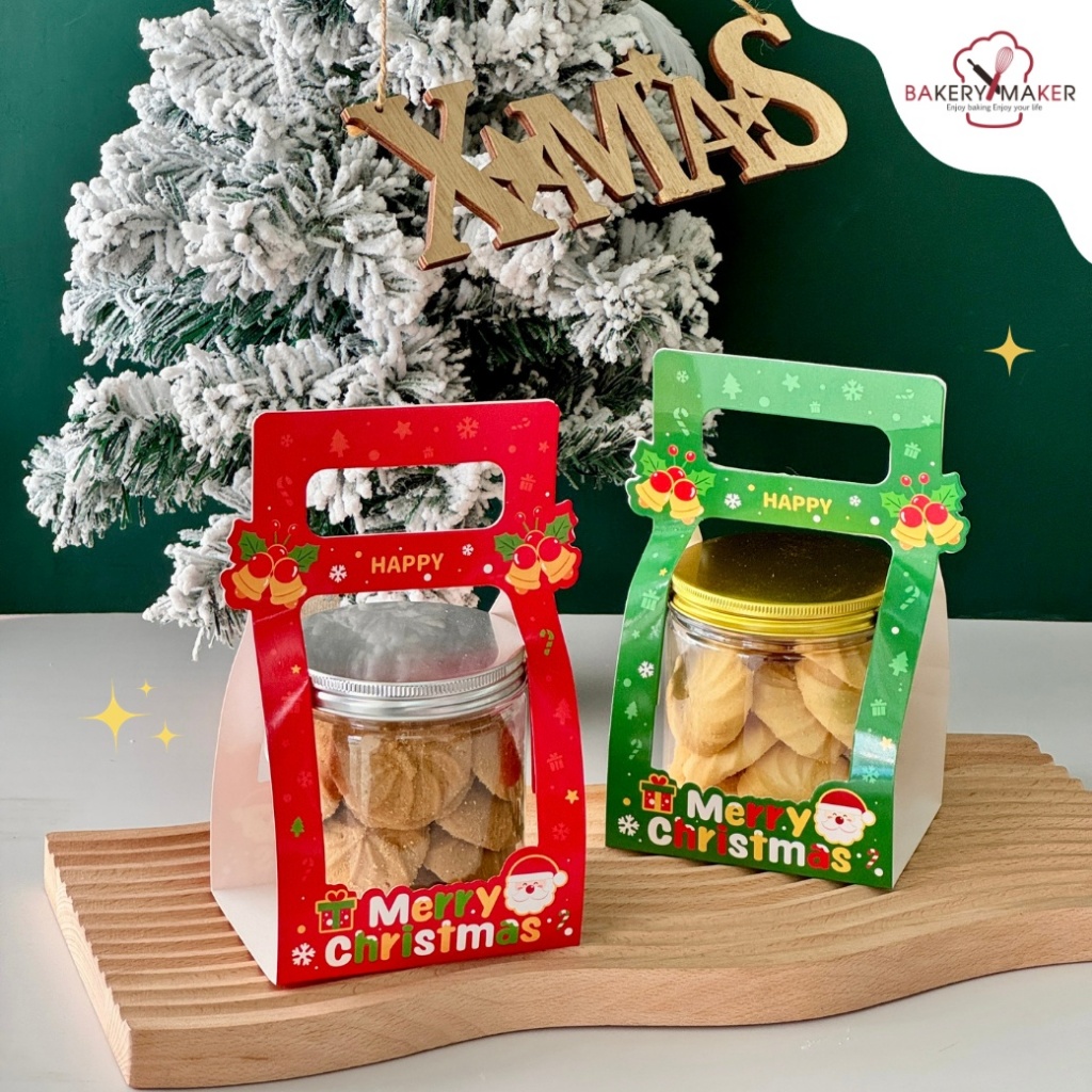 เซ็ทกระป๋องคุ้กกี้ + กระดาษหิ้ว 5 ใบ Christmas กระปุกคุกกี้ 8.5x10 ซม. หูหิ้ว คริสต์มาส ปีใหม่ แถมแผ่นโฟมกันลม
