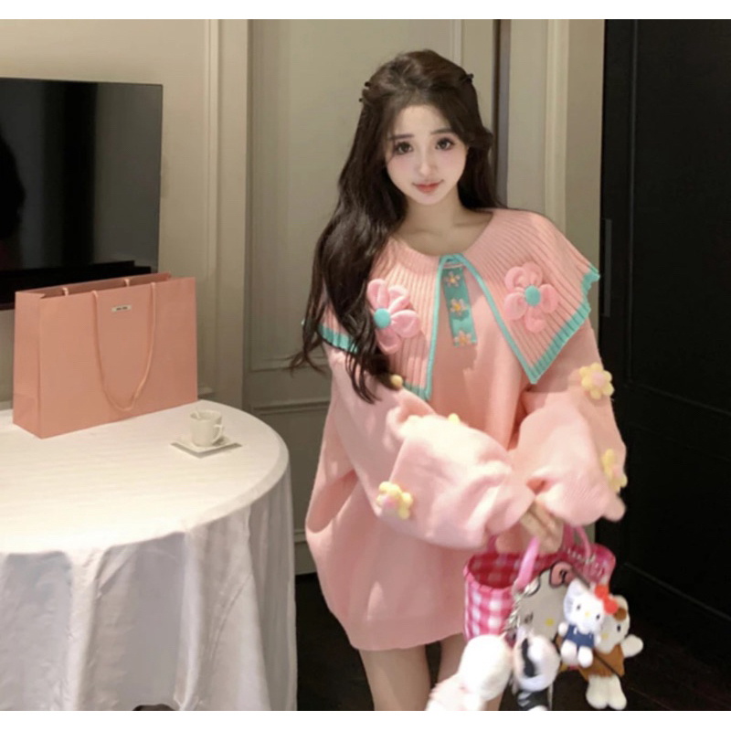 sweatherดอก3Dไหมพรมโอเวอร์ไซส์