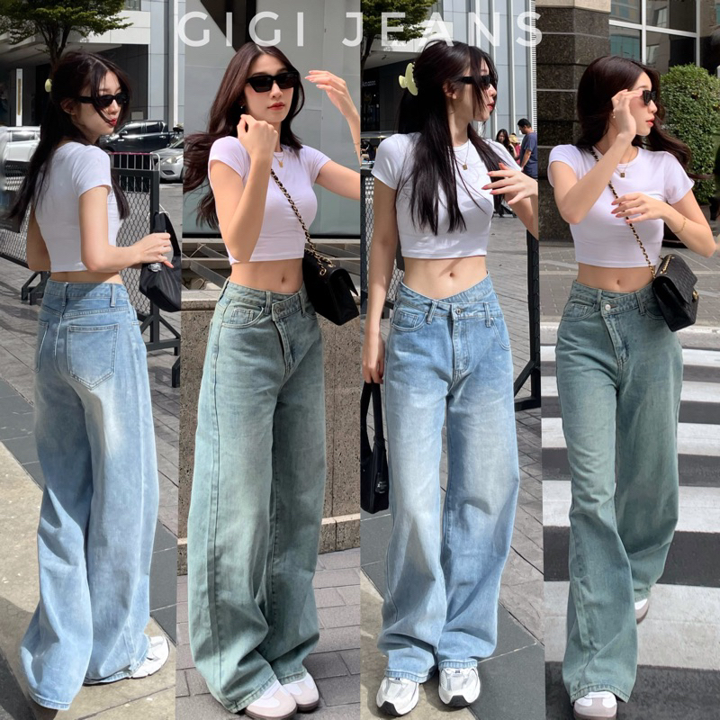 Gigi jeans 990.- กางเกงยีนส์เอวสูง ดีไซน์แต่งขอบเอวไขว้ ทรงกระบอกใหญ่ ให้ลุคบอยๆ ผ้าหนาคุณภาพดีมาก