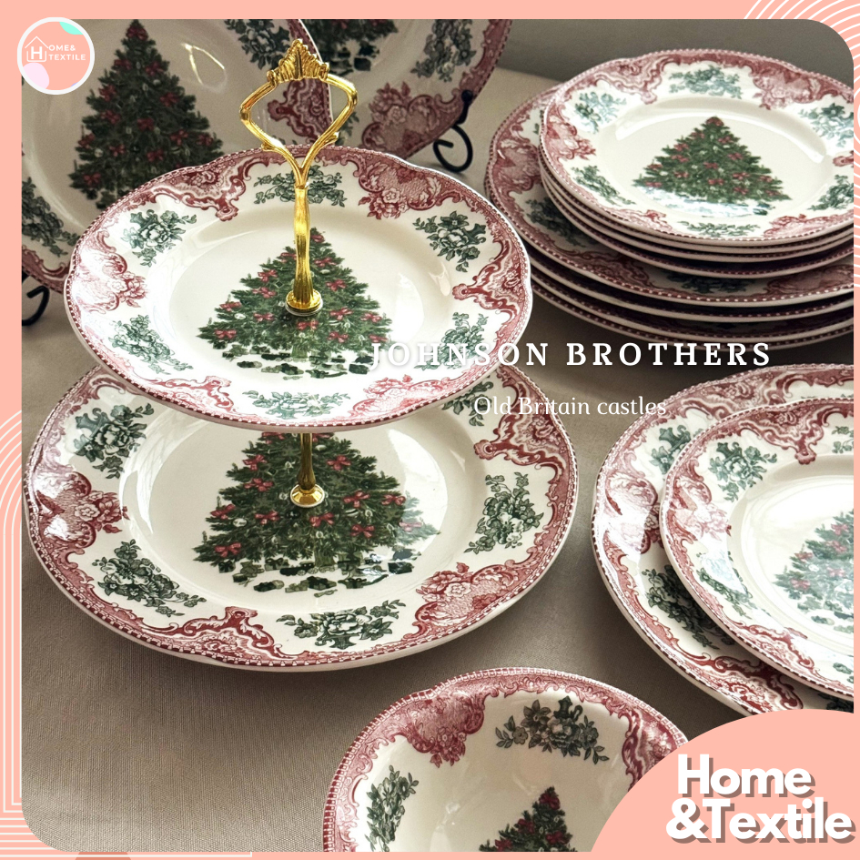 【พร้อมส่ง】จานชามเซรามิค แก้วกาแฟ แบรนด์ Johnson Brothers Old Britain Castles Pink Christmas
