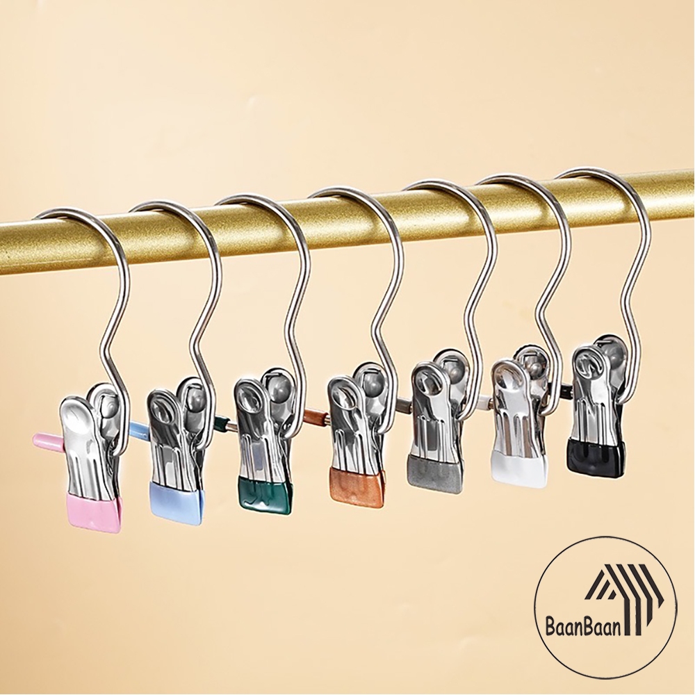ที่หนีบผ้า เอนกประสงค์ มีตะขอแขวน สแตนเลสเคลือบซิลิโคน ไม่เป็นสนิม ไม่เกิดรอยหนีบ (แพ็ค 5 ชิ้น)