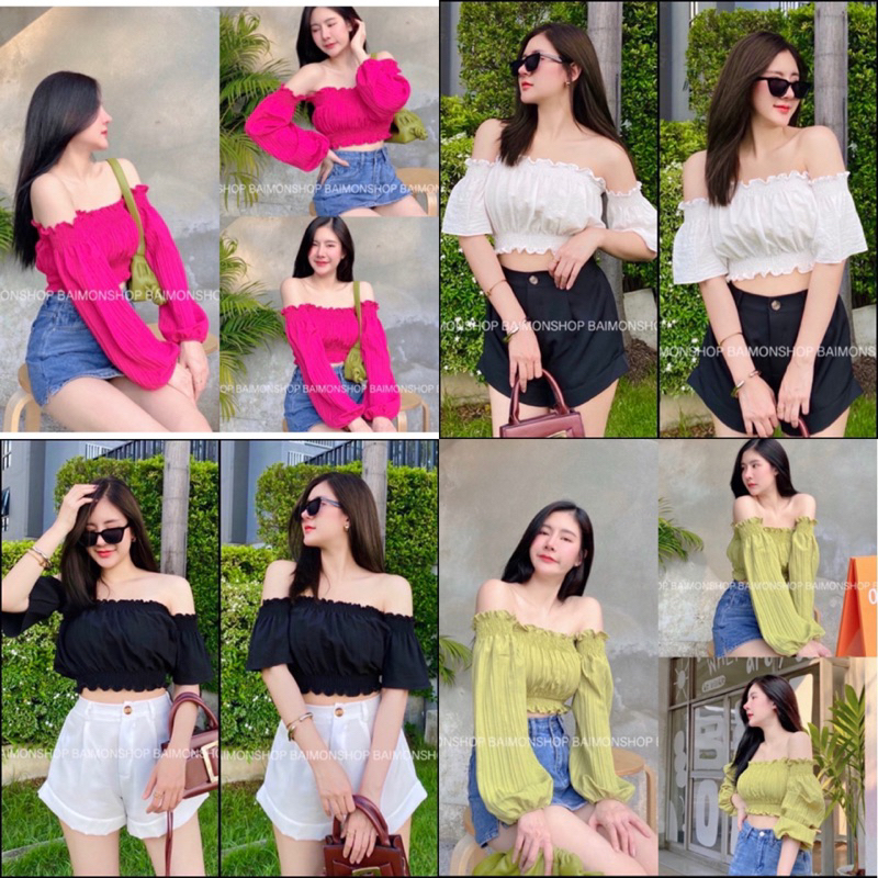 เสื้อครอป เสื้อเปิดไหล่ ผ้าคอตตอน เป็นเกาะเย็บต่อแขนทรงกระดิ่ง รุ่นนี้กำลังฮิตมากเลยนะคะ