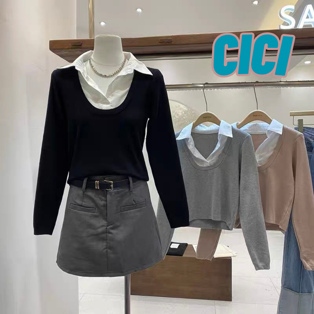 ส่งทันที Cici(NO. J170)เสื้อเเขนยาวไหมพรม ดีเทลเชิ้ตคอปกเย็บติดกัน ใส่เป็นแฟชั่นหน้าหนาว สไตล์เกาหลี