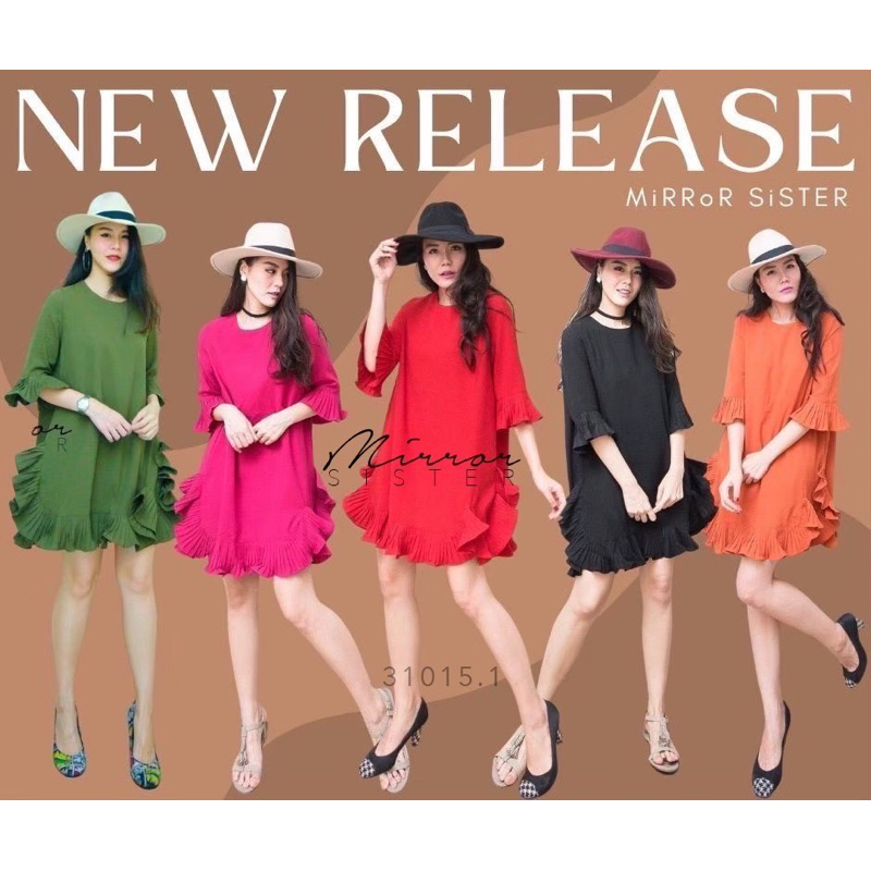M3 งานป้าย Mirrorsister Dress ชุดเดรสสั้นอัดพลีทแขนและขายระบาย สำหรับผู้หญิง เสื้อผ้าแฟชั่นผู้หญิง