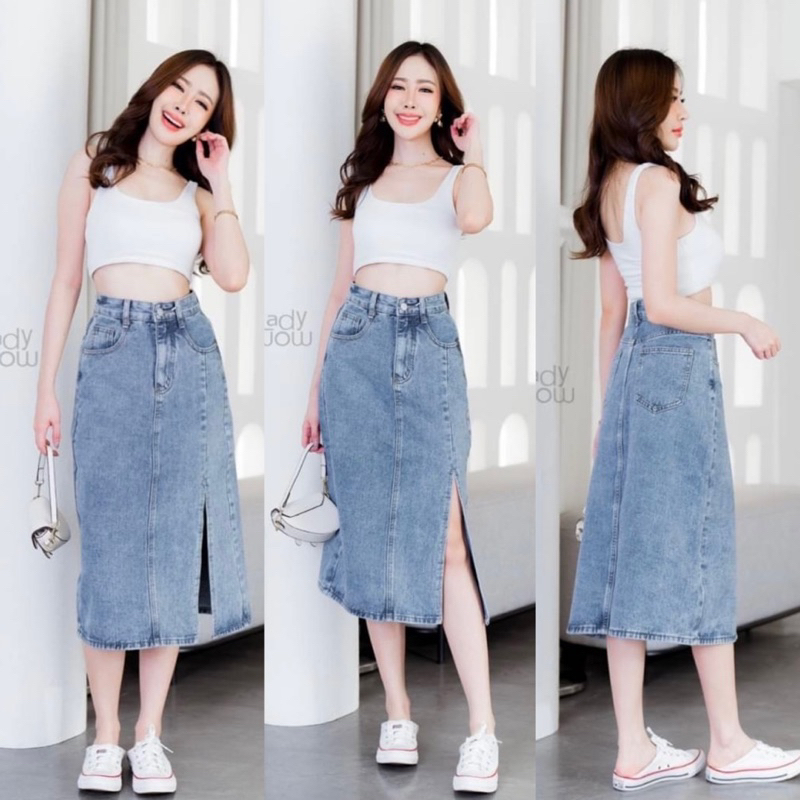 กระโปรงยีนส์ยาว ผ้าไม่ยืด ผ่าหน้าเบี่ยง สีฟอก เก็บทรงสวย #WW213