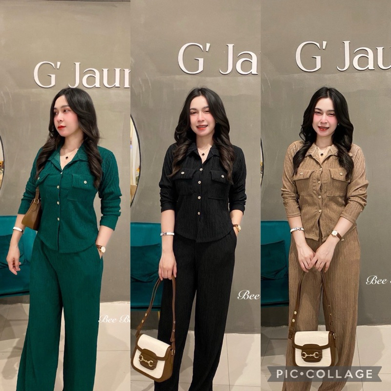 191267 ชุดเซ็ต เสื้อคอปกเชิ้ตแขนยาว กระดุมทอง กางเกงขายาว