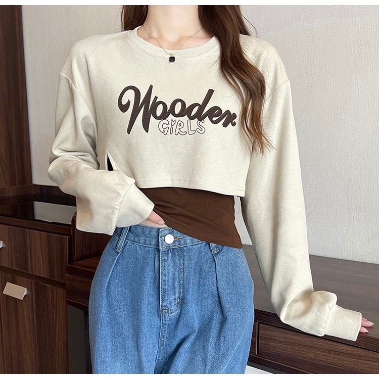 เสื้อครอปแขนยาว ไหมพรม คอกลม ผ้านิ่ม ใส่สบาย#61628