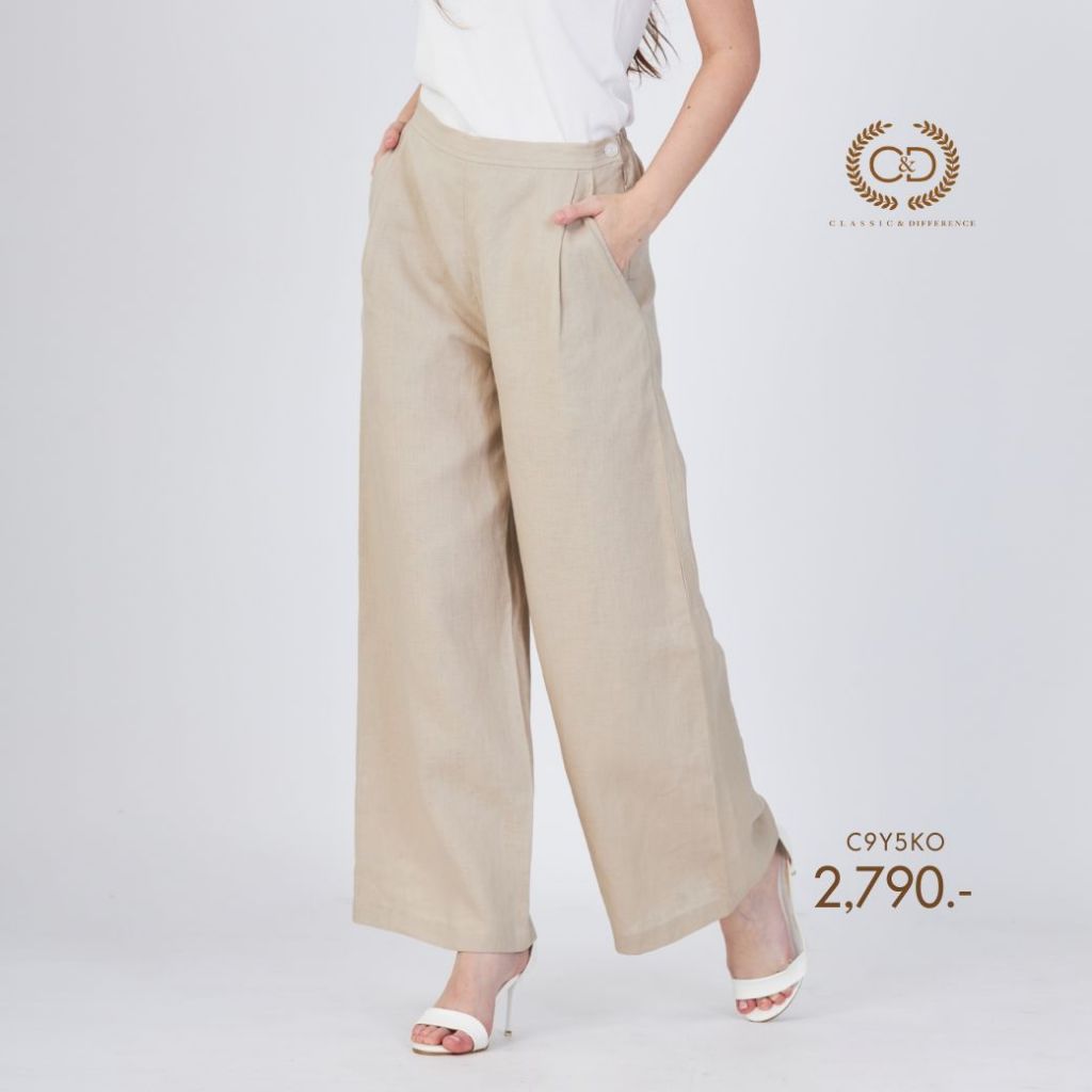 C&D กางเกง ขายาว ผ้าลินิน Linen Premium Palazzo pants  ทรงตรง สีกากี C9Y5KO