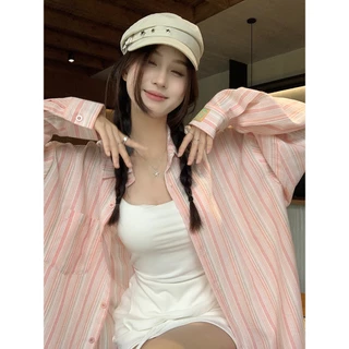 ล้างสต็อก SMDB15081 เสื้อเชิ้ตลายทางแขนยาวคอปกผู้หญิง oversize เสื้อคลุมกันแดดแฟชั่นเกาหลีย้อนยุค ผ้าไม่ติดตัว ใส่สบาย