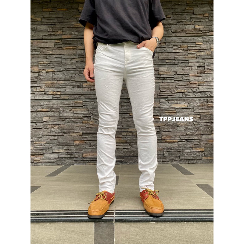 Men’ White Skinny กางเกงยีนส์ขายาว ทรงสกินนี่ สีขาว ผ้ายืด Size 28”-42”