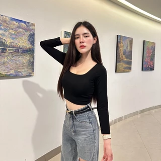 🌈SpinnyHouse🌈เสื้อครอปแขนยาว ผ้าเรย่อนยืดเยอะ ทรงคอเหลี่ยม 🧸ผ้ากระชับไม่ร้อนใส่สบาย ใส่ถ่ายรูปคือปัง รุ่น 191