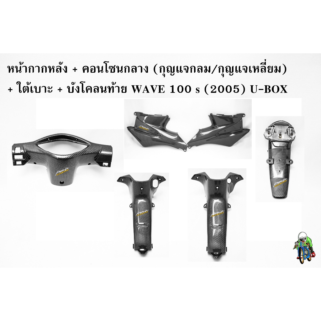 หน้ากากหลัง + คอนโซนกลาง (กุญแจกลม,เหลี่ยม) + ใต้เบาะ + บังโคลนท้าย บังโคลนหลัง WAVE 100s (2005) U-BOX เคฟล่าลายสาน 5D
