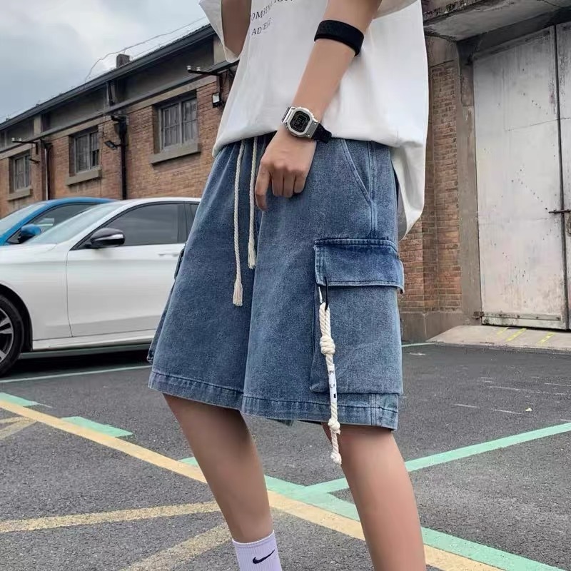 กางเกงยีนส์ขาสั้น cargo เอวยางยืด ใส่ได้ผู้หญิงผู้ชาย สไตล์เกาหลี 2 สี
