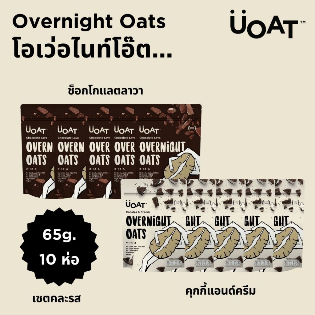 Overnight Oats [ON10pc] UOAT คละรส 65g x 10 ห่อ โอเว่อไนท์โอ๊ตพร้อมทาน ธัญพืช ข้าวโอ๊ต เมล็ดเจีย แฟลกซ์ chia flax seed