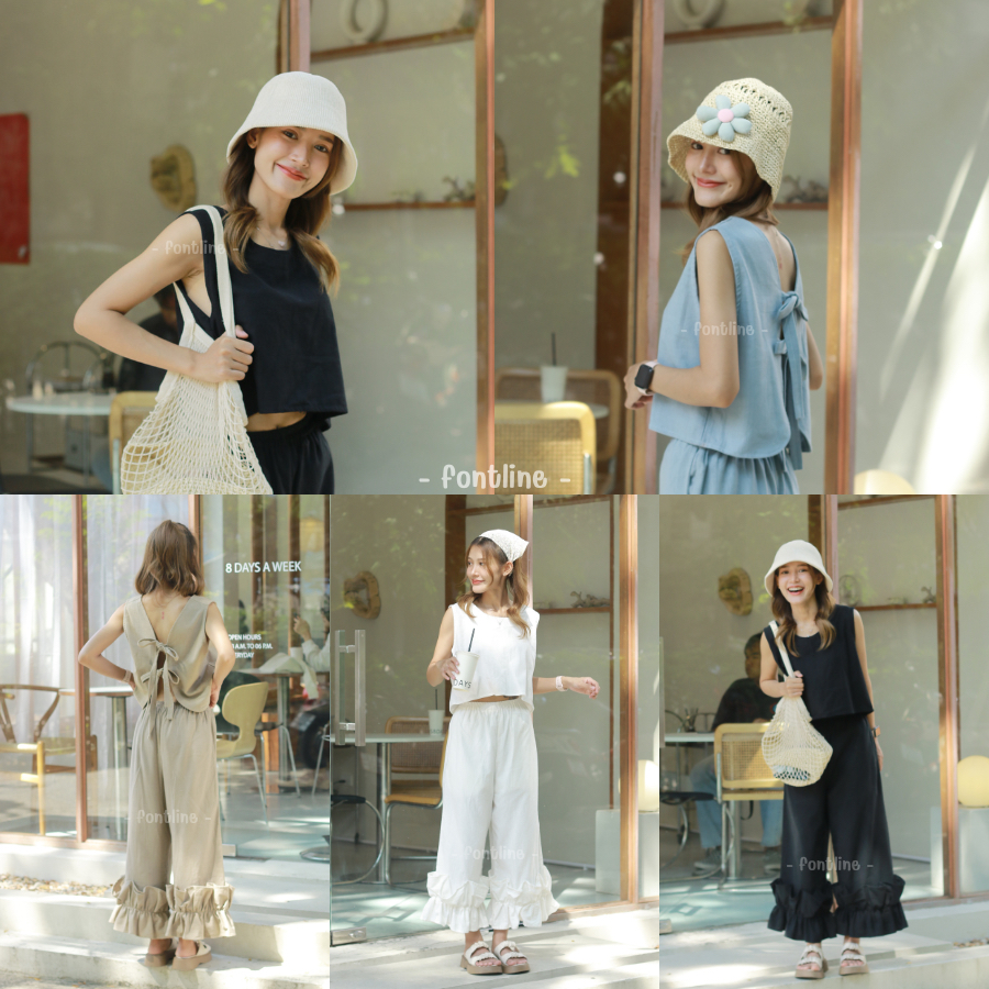 [รอบอก38,44] Jolie set เซ็ตเสื้อแขนกุดผูกโบว์หลัง 2 คู่ กับกางเกงขายาว ฟรีไซส์ ผ้าฝ้ายเกรดฟอกนิ่มมินิมอล ไม่ซ้ำใคร (V37)