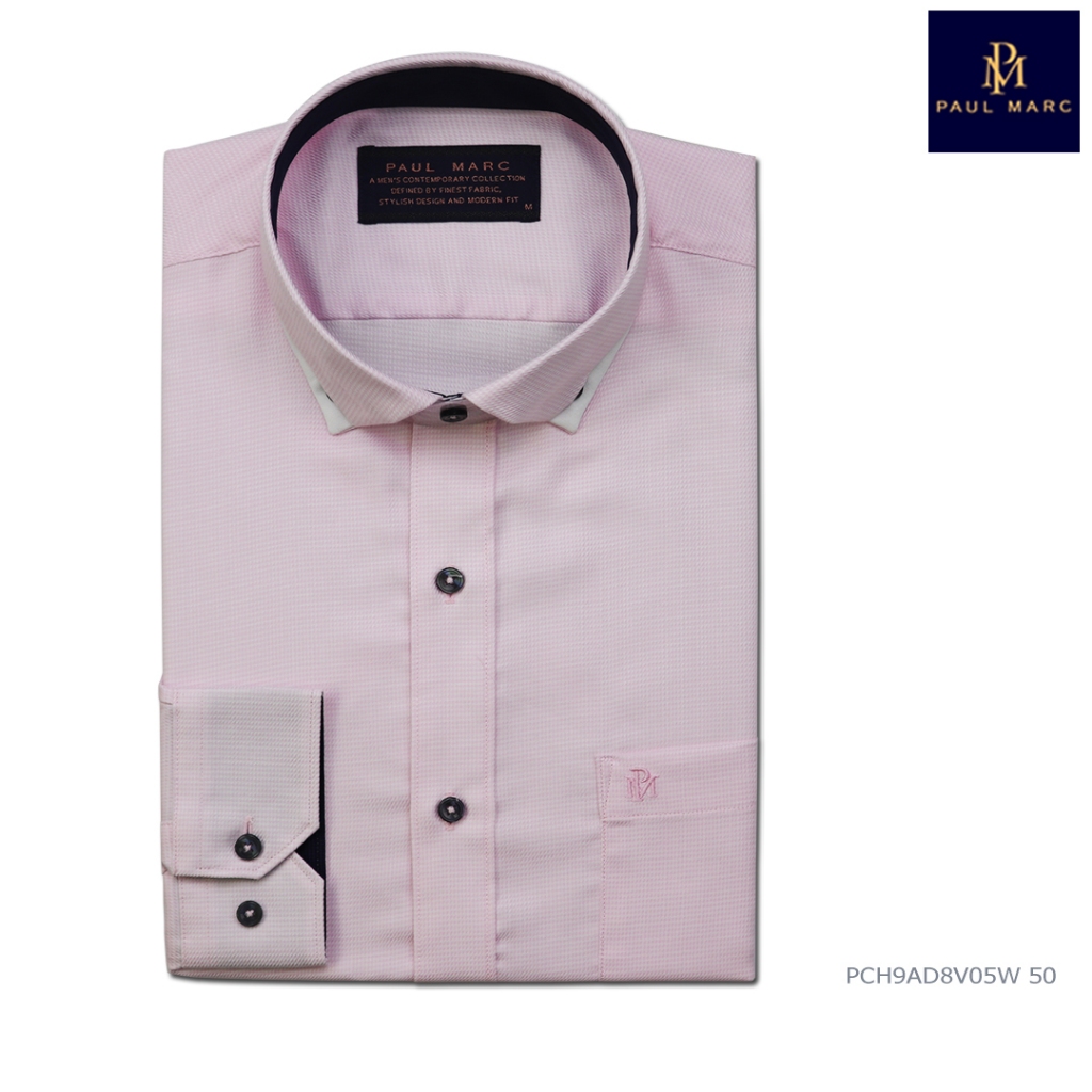 PAUL MARC เสื้อเชิ้ตทำงานแขนยาว สีชมพูอ่อน ปลายปก button down (ฺBD) slim fit soft cotton 100% PCH9AD8V05W