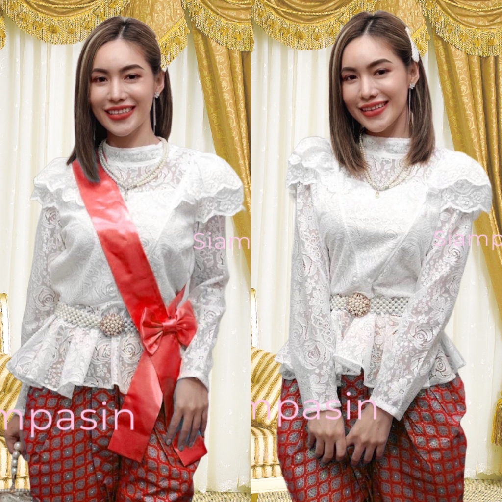 PTT♦️เสื้อลูกไม้ ผ้านิ่ม ใส่สบาย อก 32-36, 34-38, 38-40, 40-42, 42-46 นิ้ว สีขาว เสื้อชุดไทยแขนยาว ร.5 วีหน้า Blouse