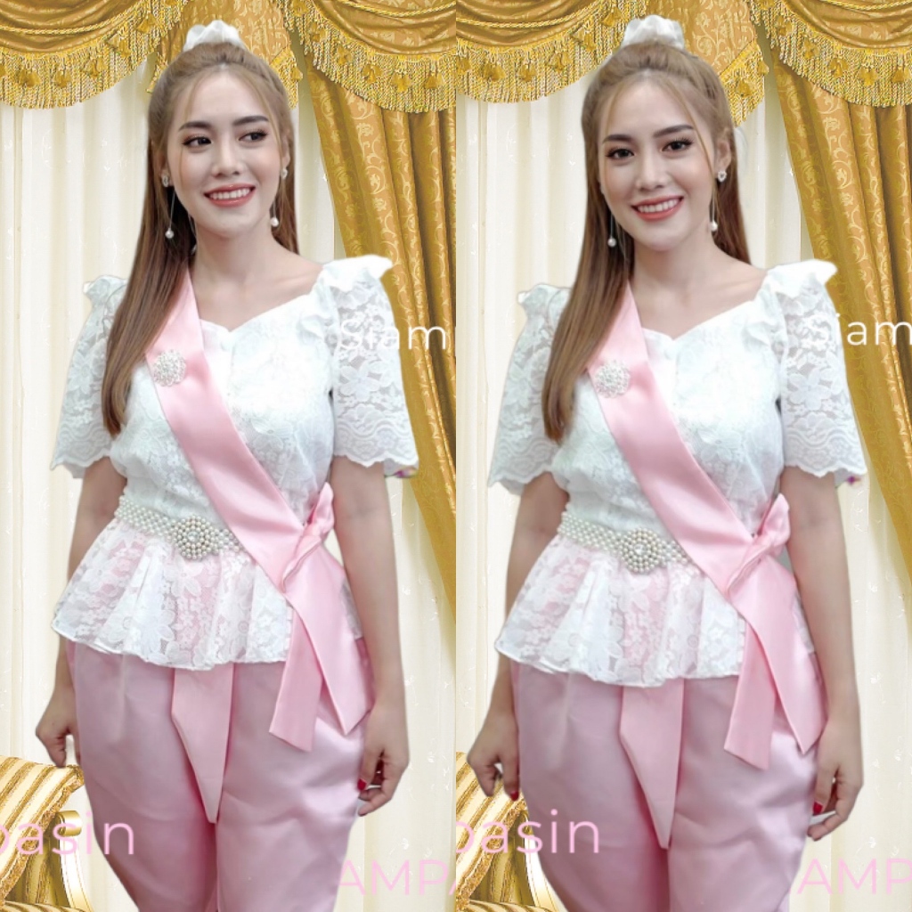 PTT เสื้อลูกไม้ อก 32-36, 34-38, 38-40, 40-42, 42-46 นิ้ว เสื้อชุดไทยแขนสั้น เปิดไหล่ สีขาว คอเปิด กระดุม Blouse