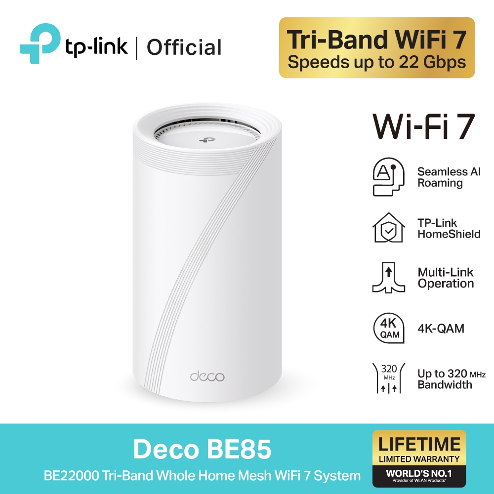 TP-Link Deco BE85 เราเตอร์ไวไฟ7 BE22000 Tri-Band Whole Home Mesh WiFi 7 System รองรับปริมาณการใช้งาน