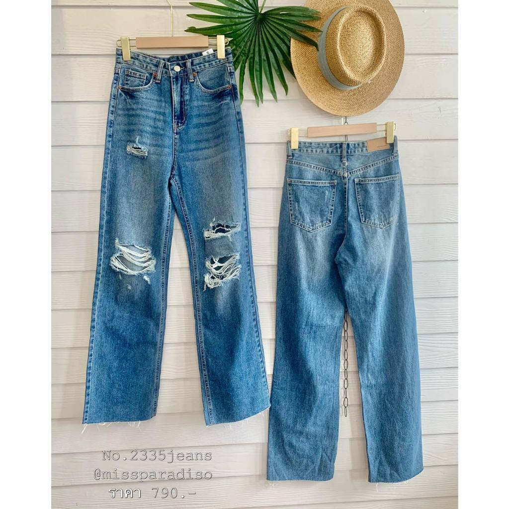 2335jeans กางเกงยีนส์ขายาวทรงกระบอกแต่งขาด เกินต้านมากแม่ ยีนส์ กางเกงยีนส์ทรงกระบอกใหญ่แต่งขาด เอวสูง ที่มาแรงที่สุด