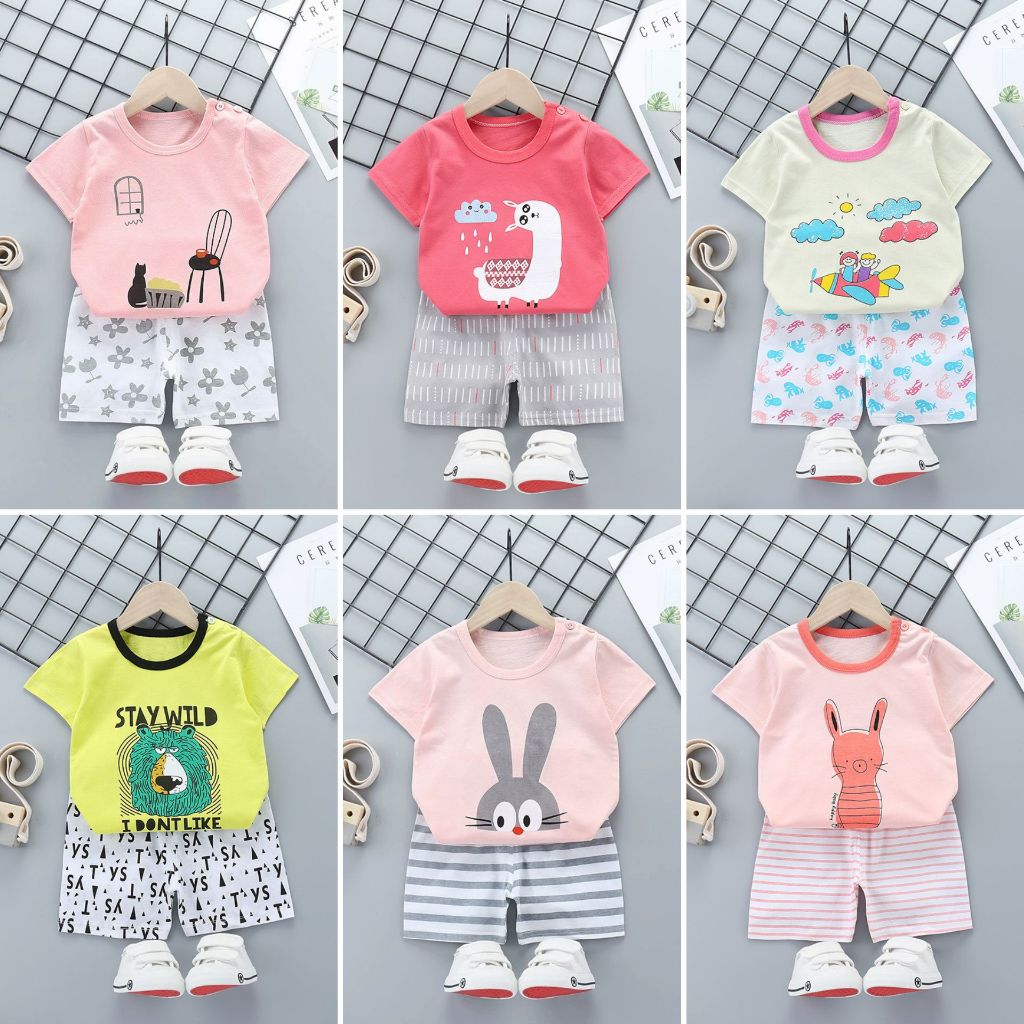 เสื้อแขนสั้น กางเกงขาสั้น ผ้าคอตตอน อายุ 6 เดือน - 4 ปี เสื้อผ้าเด็ก ชุดเด็ก ของใช้เด็ก เสื้อเด็ก W0