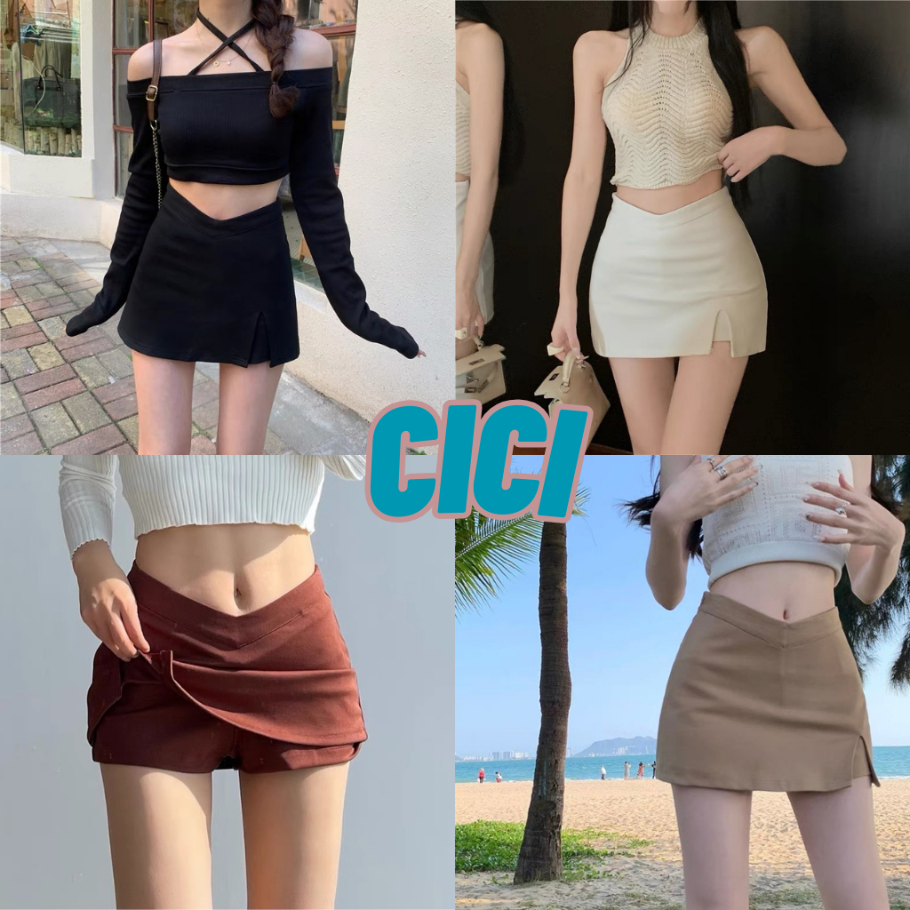 ส่งทันที Cici(NO. 910)กระโปรงสั้นทรงเอ ซับกางเกง ดีเทลเอวV ผ่าข้างใส่แล้วหุ่นสลิม สไตล์ฝรั่งเศษ
