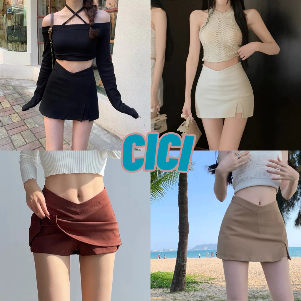 ส่งทันที Cici(NO. 910)กระโปรงสั้นทรงเอ ซับกางเกง ดีเทลเอวV ผ่าข้างใส่แล้วหุ่นสลิม สไตล์ฝรั่งเศษ